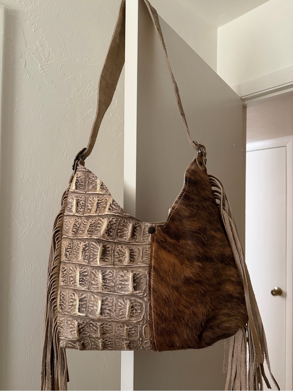 Fringe Mixed-Texture Hobo Bag in Brown and Cream